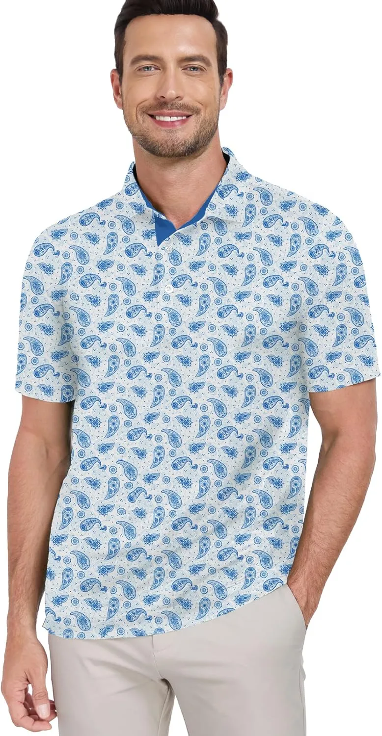 Mens Golf Shirts Short Sleeve Print Dry Fit Moisture Wicking Performance Polo Shirt