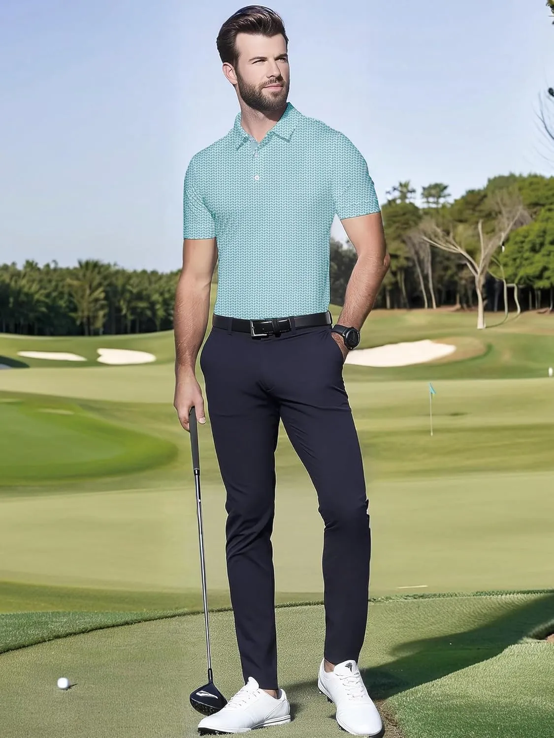 Mens Golf Shirts Short Sleeve Print Dry Fit Moisture Wicking Performance Polo Shirt