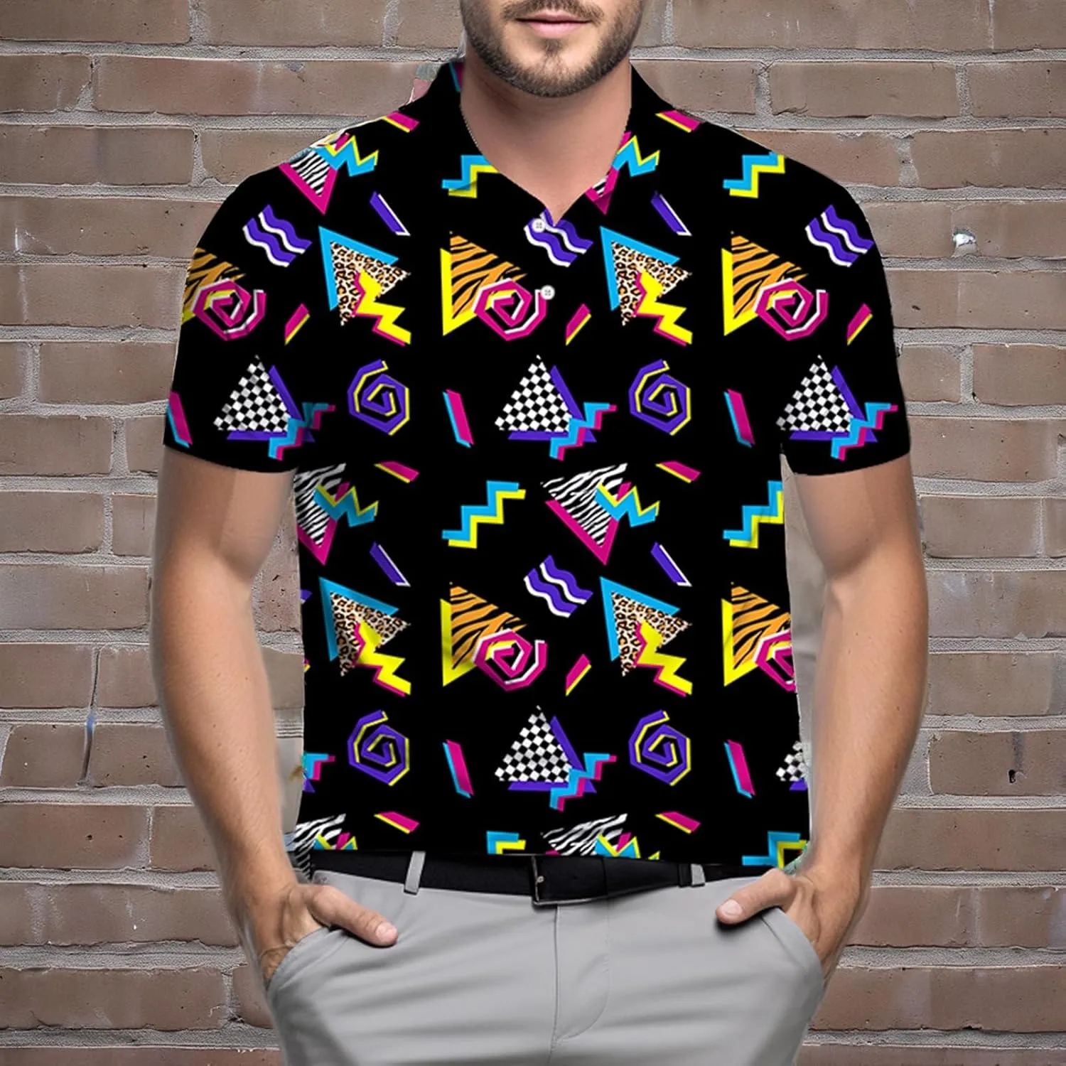 Mens Polo Shirt Retro 80s 90s Golf Tennis Sport T-ShirtSoft Breathable Elastic Fabric Short Sleeve
