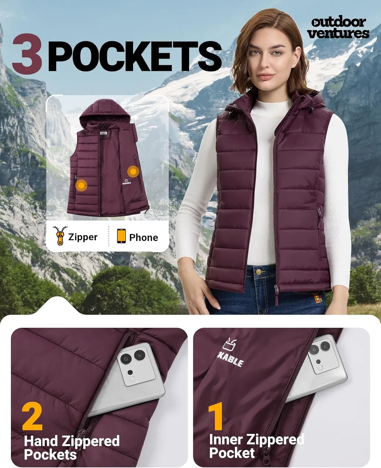 Outdoor Ventures Women's Lightweight Packable Hooded Puffer Vest Outerwear Zip Up Warm Sleeveless Winter Jacket Quilted Coat