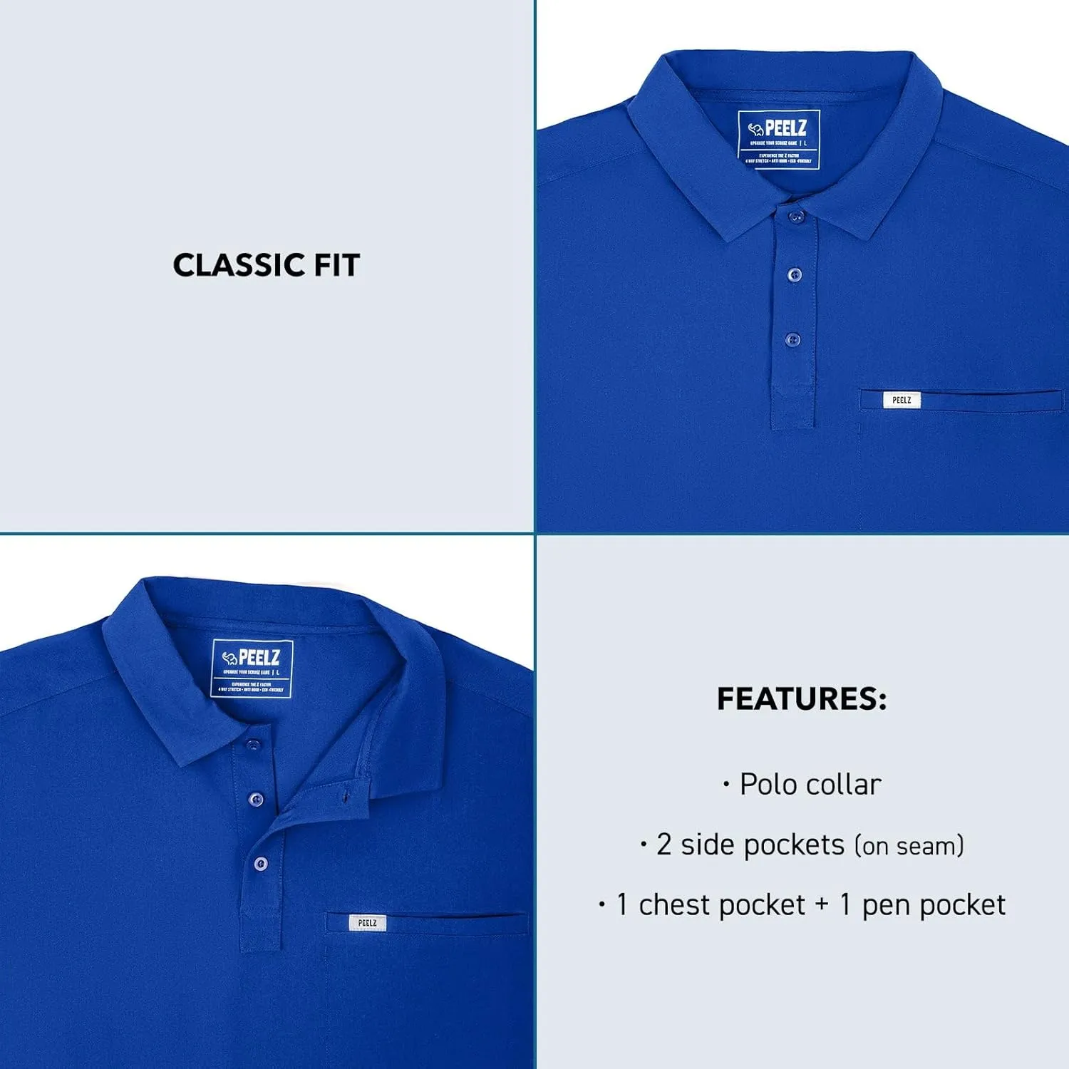 Peelz Jack 4-Pocket Polo Scrub Tops for Men - Soft Stretch Fabric Scrubs, Fashion-Forward Men's Scrub Top, Classic Fit