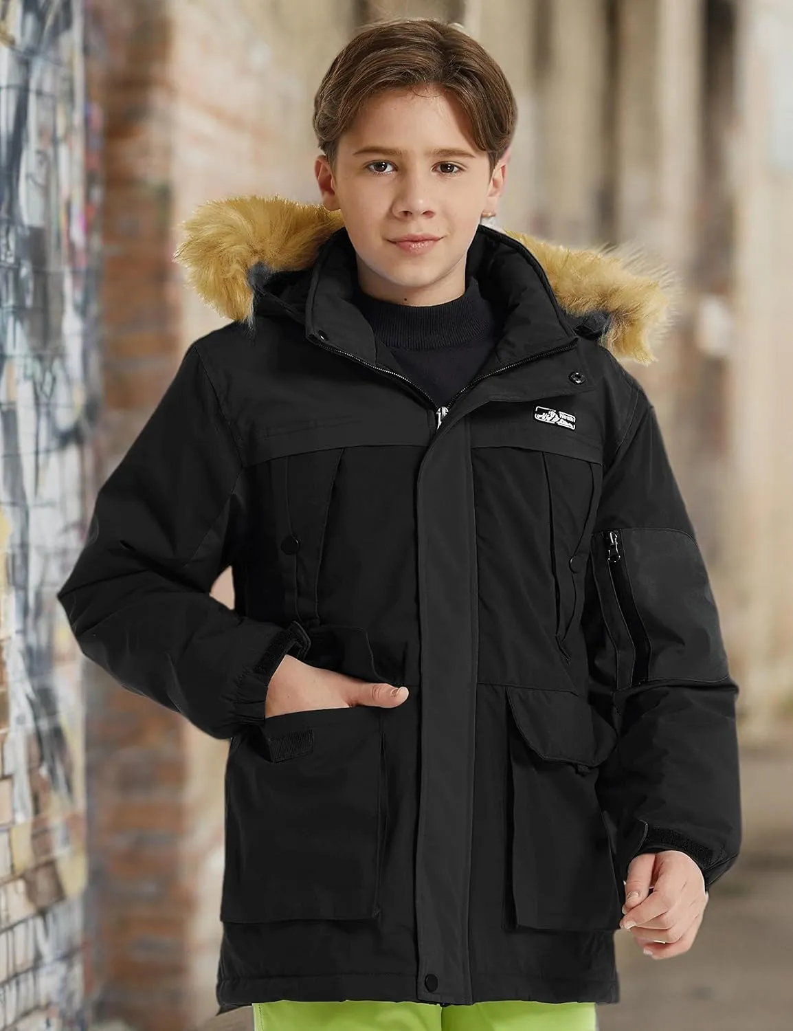 wantdo Boys Winter Coat Waterproof Windbreaker Snow Skiing Jacket Warm Thick Rain Coat Kids Jacets with Removable Hood