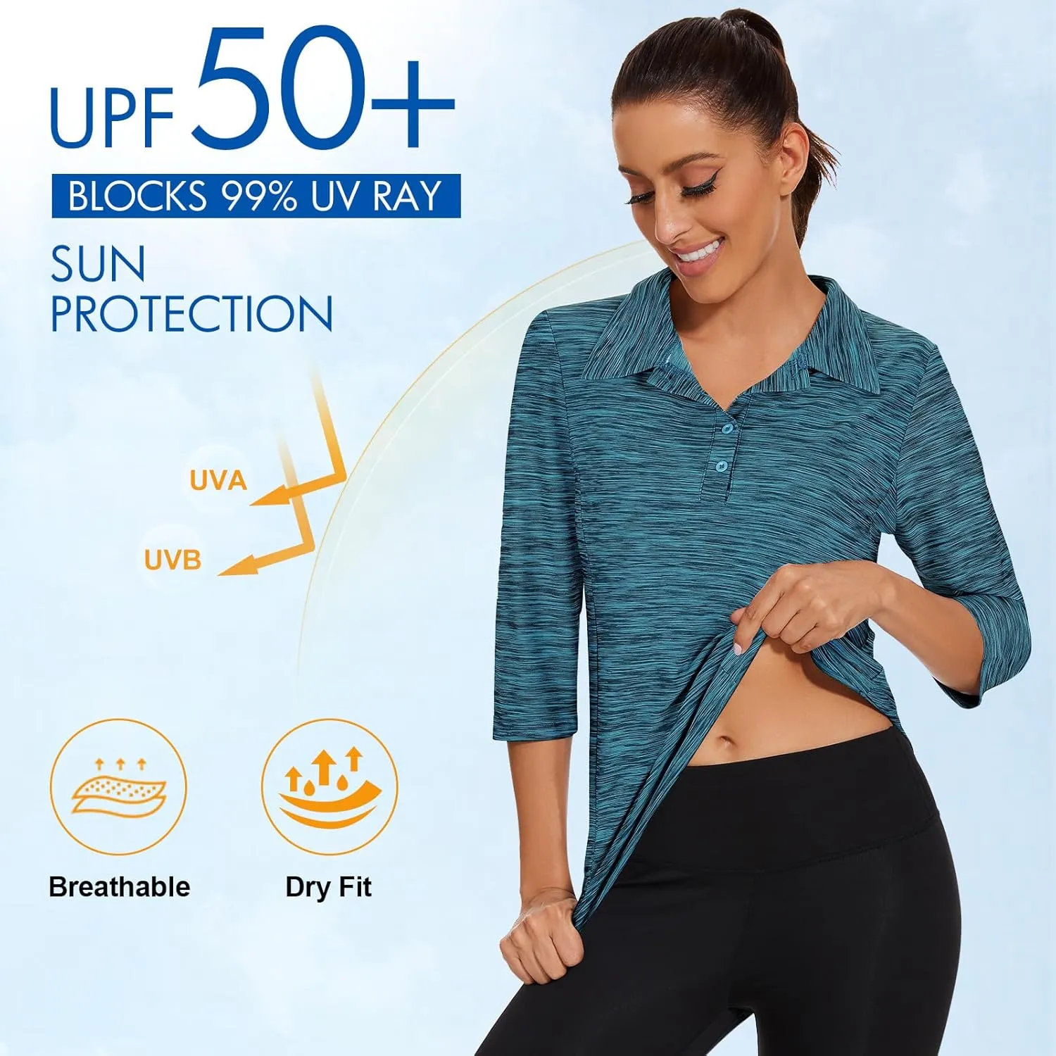 Zamowoty Women's 3/4 Sleeve Golf Tennis Polo Shirts 4-Button Dry Fit Workout Tops Athletic Shirt UPF50 