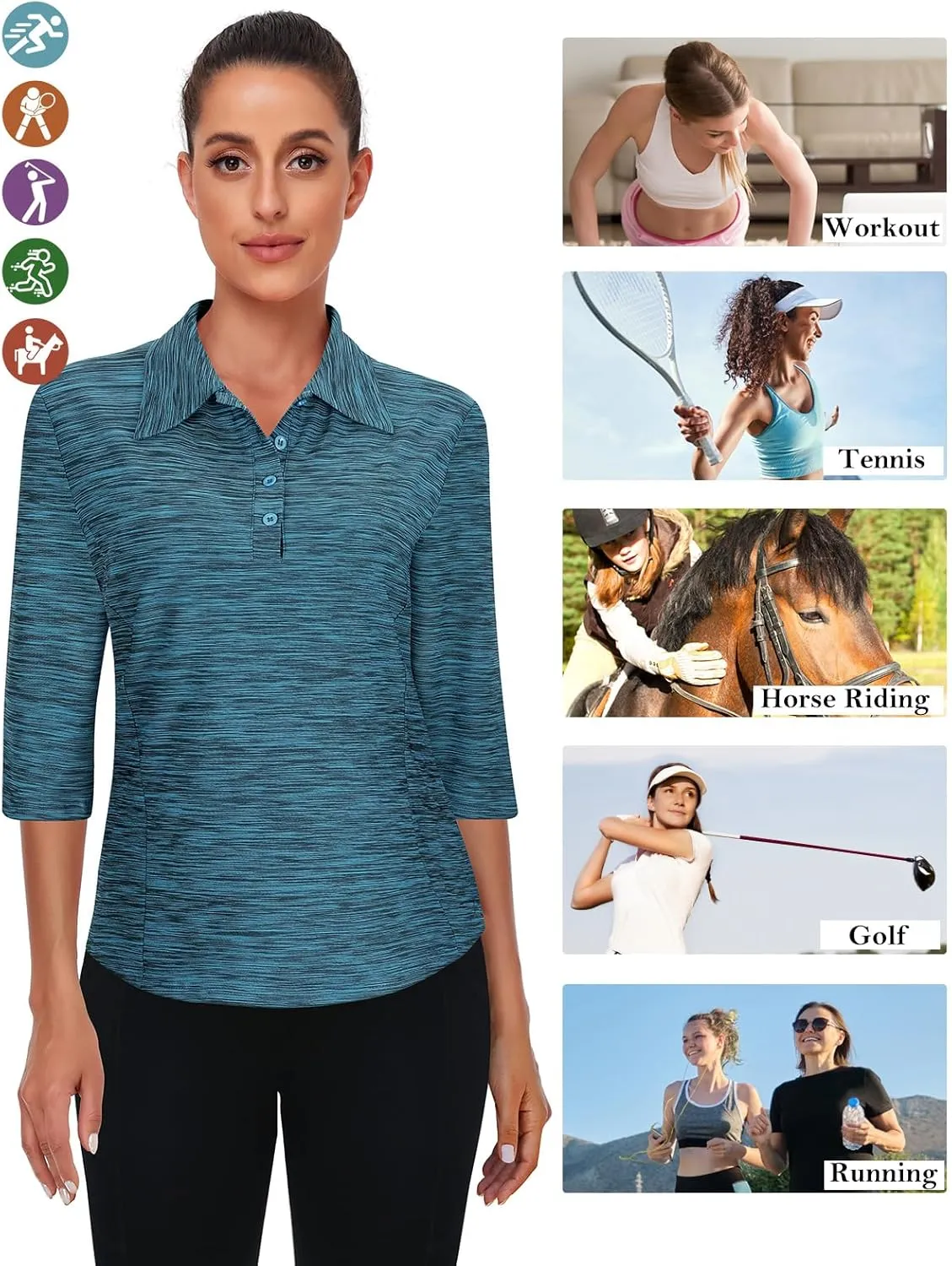 Zamowoty Women's 3/4 Sleeve Golf Tennis Polo Shirts 4-Button Dry Fit Workout Tops Athletic Shirt UPF50 